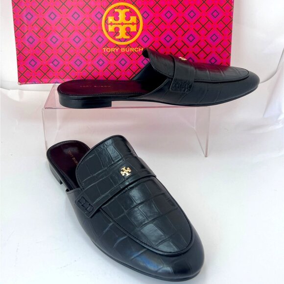 Tory Burch Black Ballet Backless Loafers women Croc embossed Mules Women Size 9 - Picture 1 of 8